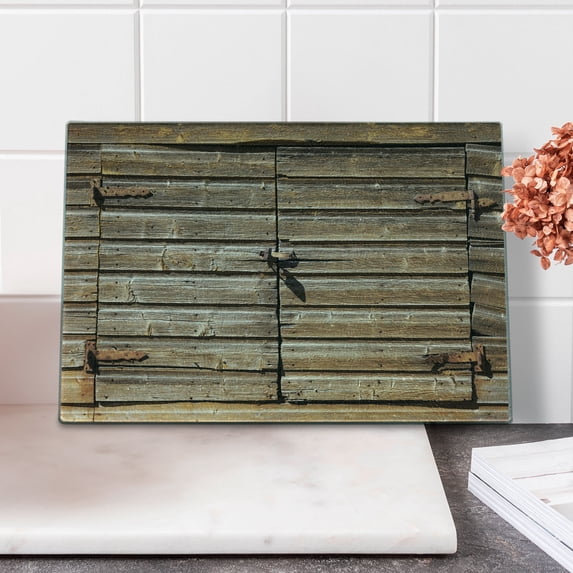 Rustic Cutting Board, Old Wooden Aged Barn Door with Padlock Abandoned Vintage Farmhouse Rural Village Photo, Decorative Tempered Glass Cutting and Serving Board, Small Size, Brown, by Ambesonne
