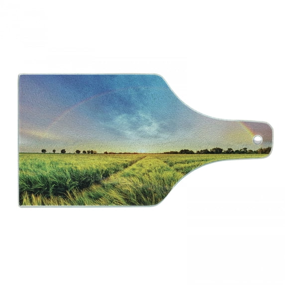 Rustic Cutting Board, Rainbow in Sky over Wheat Field at Sunset Natural Paradise Rural Life Illustration, Tempered Glass Cutting and Serving Board, Wine Bottle Shape, Green Yellow, by Ambesonne