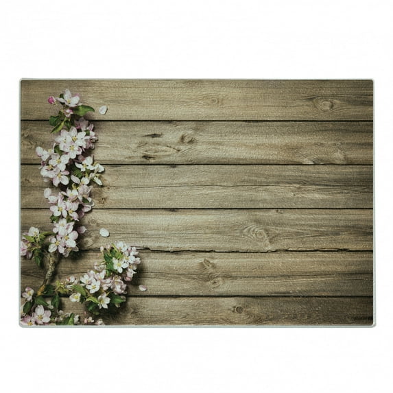 Rustic Cutting Board, Spring Flowering Tree Branch on Weathered Wooden Blooming Orchard Image, Decorative Tempered Glass Cutting and Serving Board, Small Size, Pink Brown Green, by Ambesonne