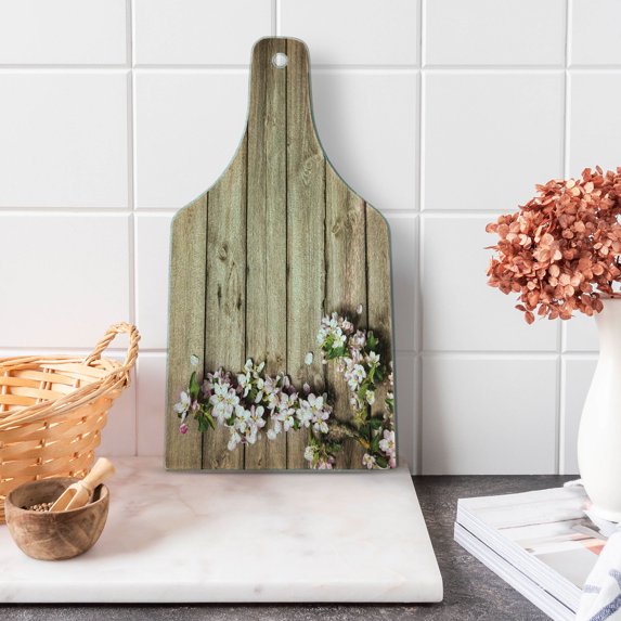 Rustic Cutting Board, Spring Flowering Tree Branch on Weathered Wooden Blooming Orchard Image, Decorative Tempered Glass Cutting and Serving Board, Wine Bottle Shape, Pink Brown Green, by Ambesonne