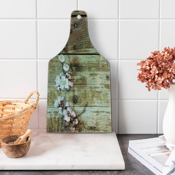 Rustic Cutting Board, Stained Walnut Branch with Soft Twiggy Swirling Flowers Leaves Cottage Life Concept, Tempered Glass Cutting and Serving Board, Wine Bottle Shape, Pink Brown, by Ambesonne