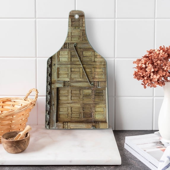 Rustic Cutting Board, Traditional Door in Nepal with Retro Carving Architecture Shabby Form Print, Decorative Tempered Glass Cutting and Serving Board, Wine Bottle Shape, Brown, by Ambesonne