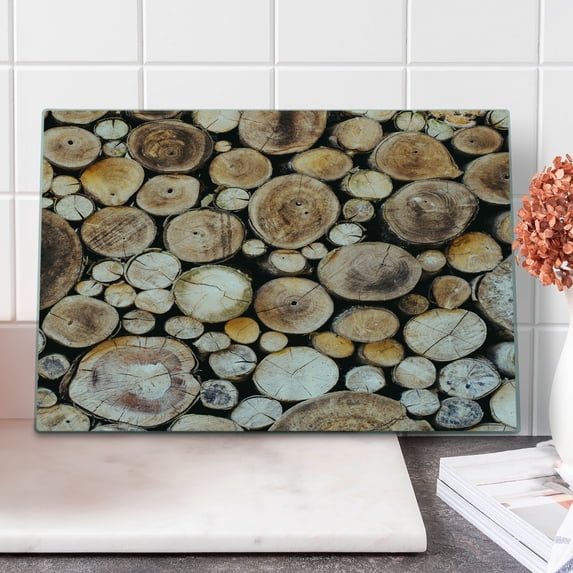 Rustic Cutting Board, Wooden Logs Background Circular Shaped Oak Tree Life and Growth Theme Print, Decorative Tempered Glass Cutting and Serving Board, Large Size, Pale Sand Brown, by Ambesonne