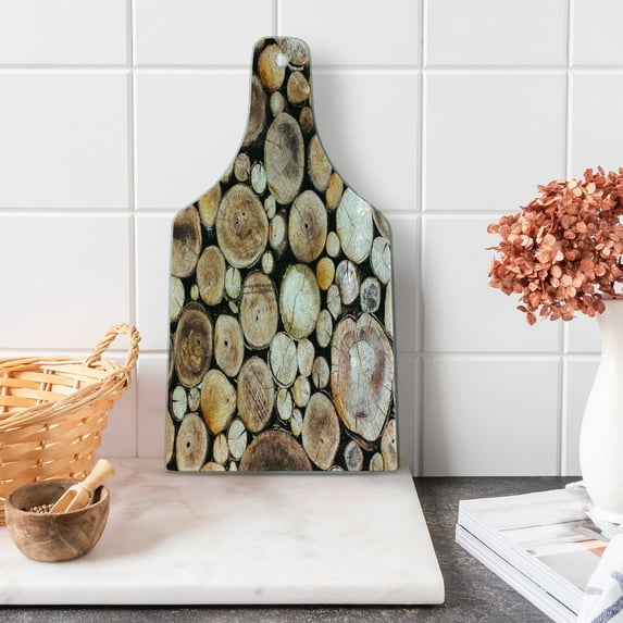 Rustic Cutting Board, Wooden Logs Background Circular Shaped Oak Tree Life and Growth Theme Print, Tempered Glass Cutting and Serving Board, Wine Bottle Shape, Pale Sand Brown, by Ambesonne