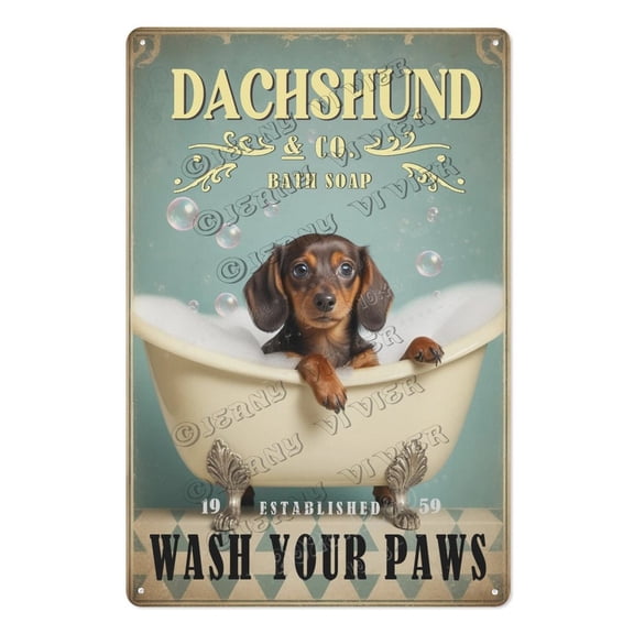 Rustic Dachshund Wash Your Paws Metal Sign Dog-Themed Restroom Decor for Bathroom, Pet Spa, Toilet, Laundry Country Home Gift for Dog Lovers, Kids, Airbnb Guests 12x16 inch