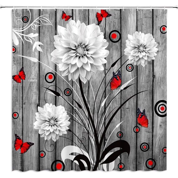 Rustic Dahlia Shower Curtain Farm Floral Orange Flower Butterfly Abstract Branch Vintage Wooden Plank Shabby Barn Door Retro Farmhouse Spring Plant Fabric Bathroom Curtain with Hook84"Wx72"H