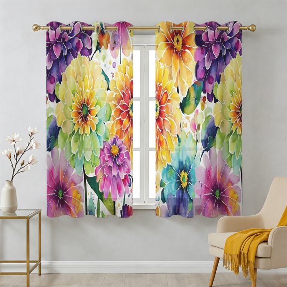 Rustic Dahlias Sheer Curtains 39 Inch Long 2 Panels, Summer Hand-painted Style Colorful Flower Farm Light Filtering Semi Sheer Drapes Grommet Voile Window Curtain for Living Bedroom W27.9 x L39