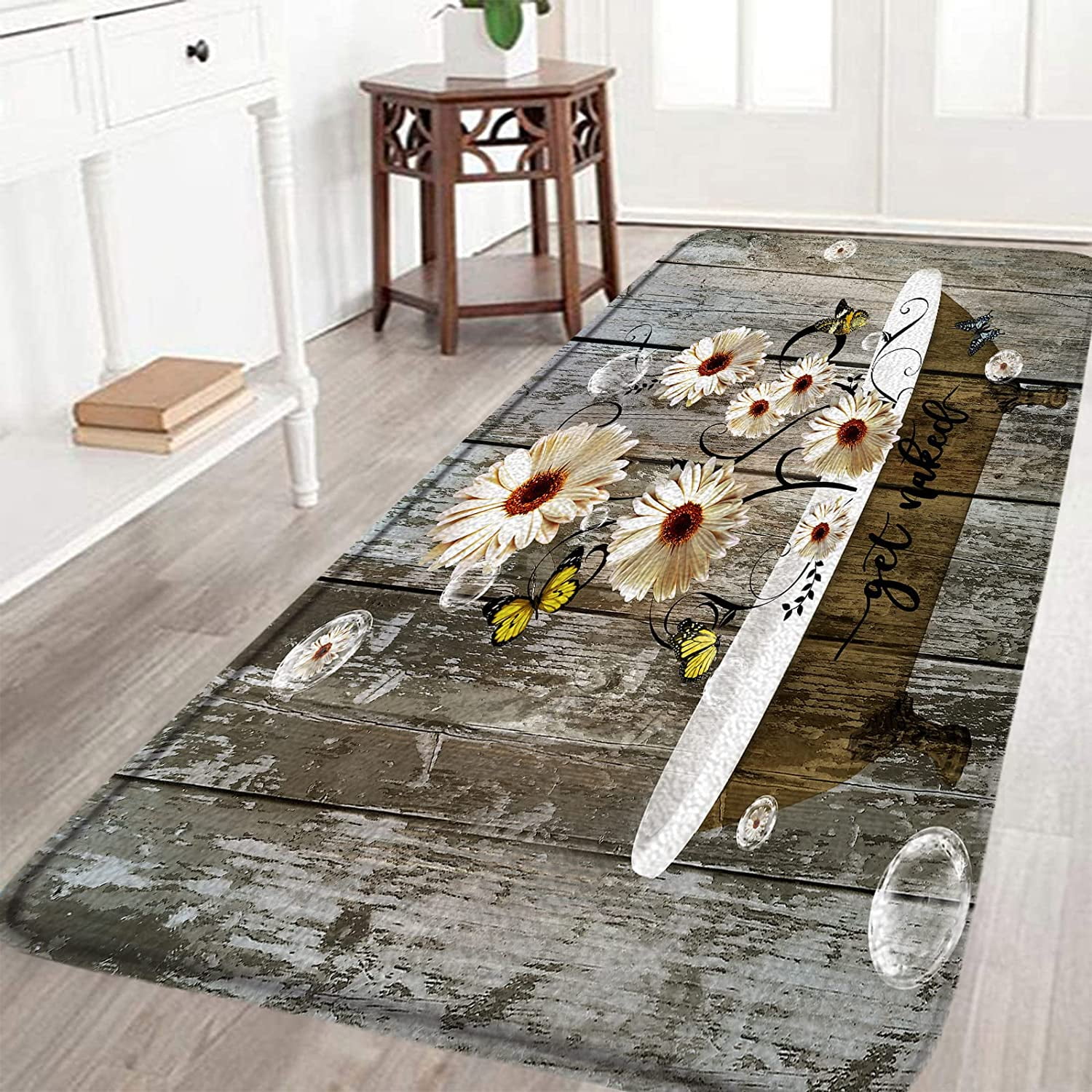 Rustic Daisy Bath Mat Farmhouse Get Naked Vintage Wooden Spring Butterfly Floral Wild Flowers in Bathtub Bathroom Rug Kitchen Toilet Door Rugs Memory Foam 16 x 48 Inch