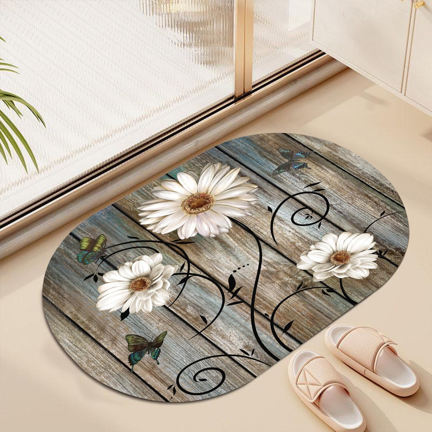 Naturestep Rug Butterfly Rustic Daisy Bathroom Rugs Grey Floral Butterfly Bath Mat, Farmhouse ...