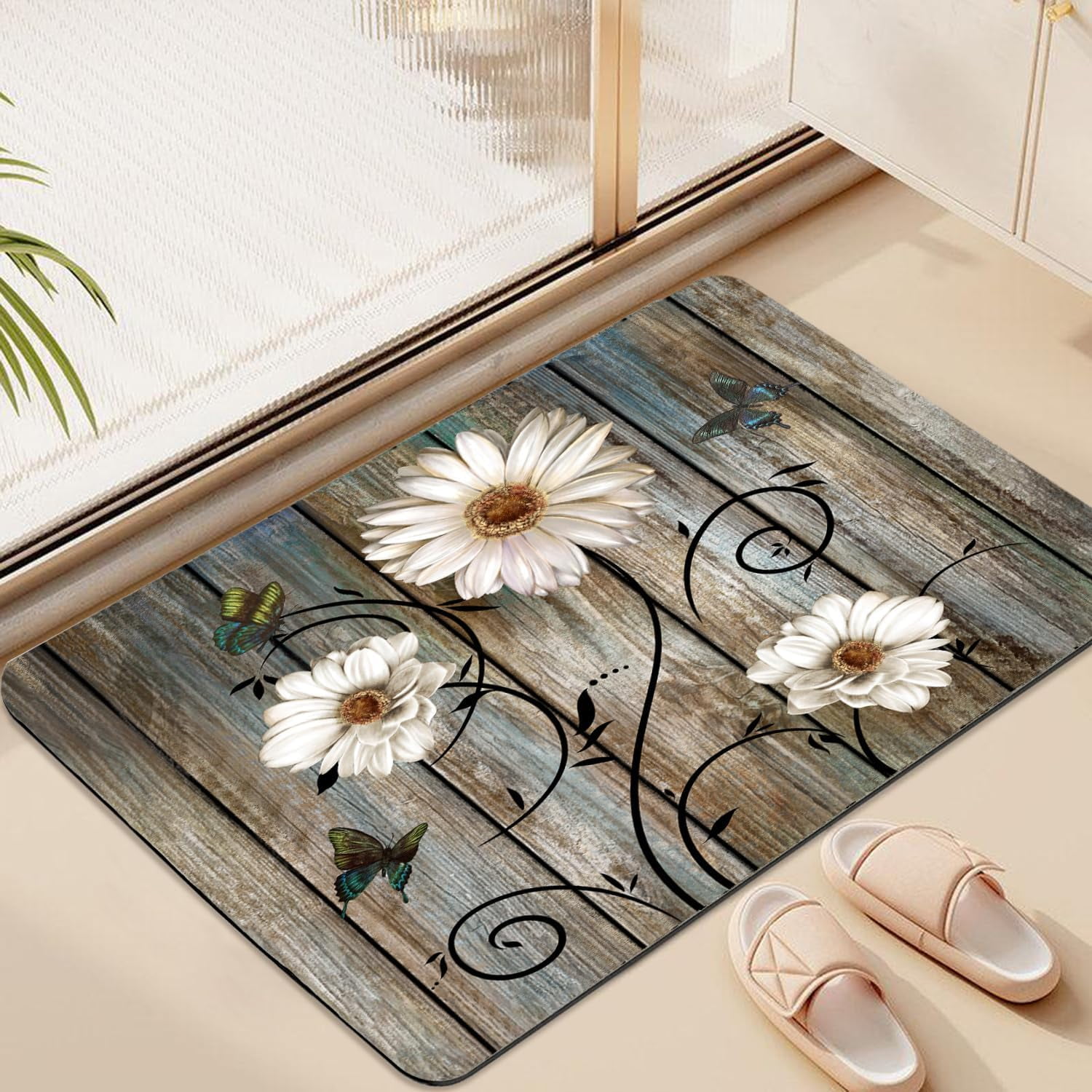 Rustic Daisy Bathroom Rugs Grey Floral Butterfly Bath Mat, Farmhouse Absorption Non-Slip Floor Mat, Daisy Bathroom Bedroom Decor(Rectangle,27×17 inch)