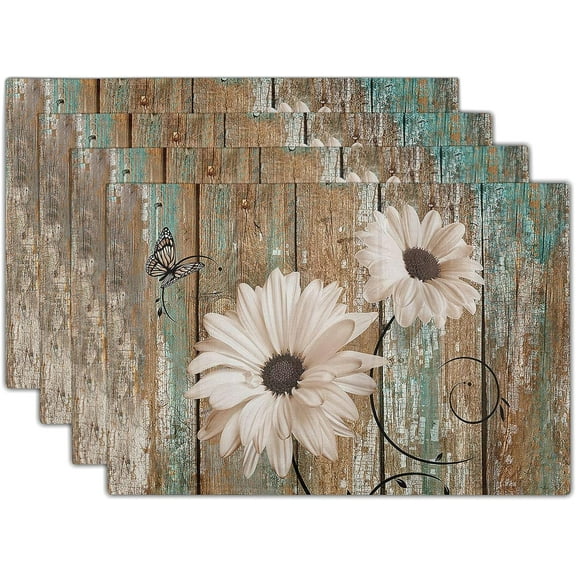 Rustic Daisy Board Placemats- White Sunflowers on Vintage Wood Plank Linen Table Place Mat- Farmhouse Wooden Non-Slip Heat Resistant Table Mats for Dining Kitchen Cabin Lodge Decor