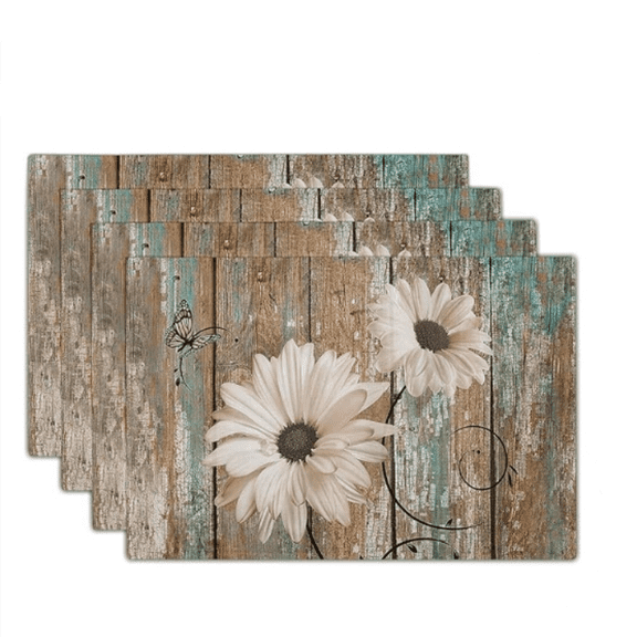 Rustic Daisy Board s- White Sunflowers on Vintage Wood Plank Linen Table Place Mat- Farmhouse Wooden Non-Slip Heat Resistant Table Mats for Dining Kitchen Cabin Lodge