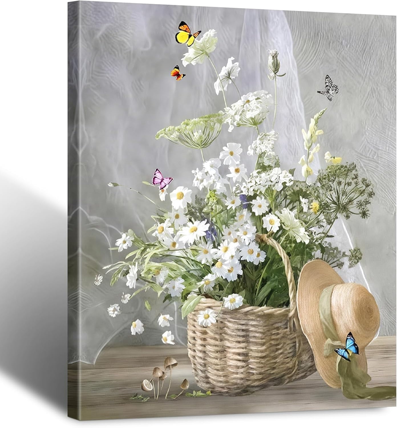 Rustic Daisy and Butterfly Canvas Wall Art Framed Country Flower Still ...