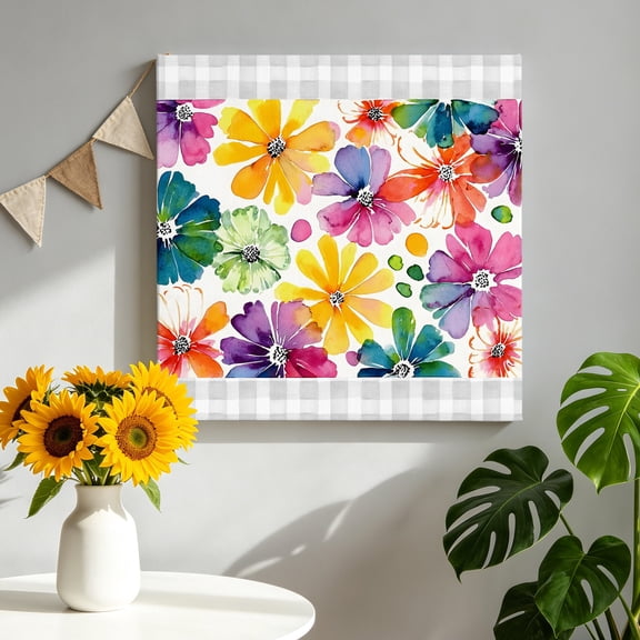 Rustic Daisy Canvas Wall Art, Summer Hand-painted Style Flower Farm Gray Plaid Framed Canvas Wall Decor Picture Print Artwork Decorations for Living Room Office Ready to Hang 8" x 8"