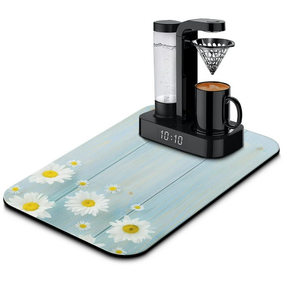 Rustic Daisy Coffee Drainer Mat - 19.5x12in, Large - Wooden Plank Design, Fast Drying, Perfect for Vintage Kitchen