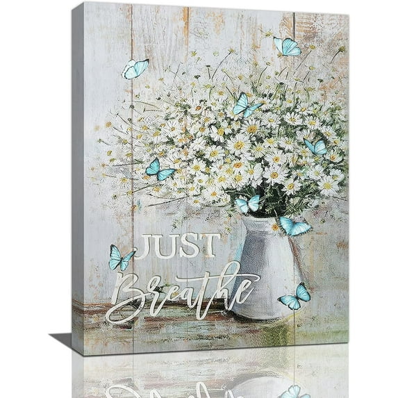 Rustic Daisy Decor Wall Art Farmhouse Daisy Butterfly Pictures Wall Decor Just Breathe Canvas Prints Framed Artwork Paintings Home Decorations For Bathroom Bedroom Living Room 12"x16"