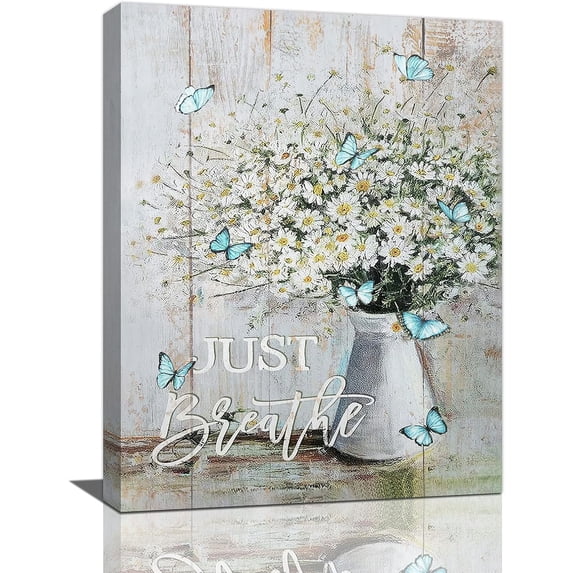 Rustic Daisy Decor Wall Art Farmhouse Daisy Butterfly Pictures Wall Decor Just Breathe Canvas Prints Framed Artwork Paintings Home Decorations For Bathroom Bedroom Living Room 12"x16"