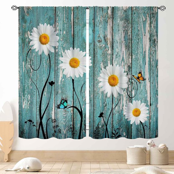 Rustic Daisy Floral Curtains, Farmhouse Green Old Wooden Flower Retro Spring Butterfly Rural Country Style Window Curtains for Living Room Bedroom Kitchen Bathroom 2 Panels, 42"x63" Inch