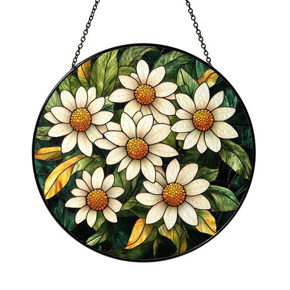 Rustic Daisy Flower Acrylic Suncatcher, Faux Stained Glass Window Hanging Decor for Living Room Bedroom Garden Sunroom Farmhouse Home Accent Gift