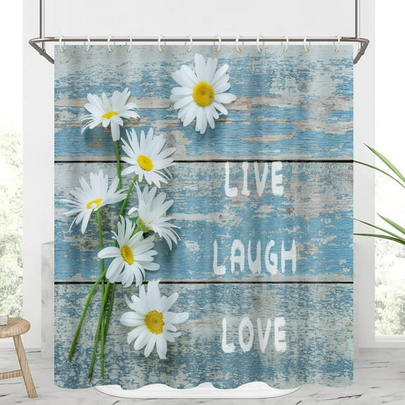 Rustic Daisy Flower Shower Curtain 72 x Inch Farmhouse White Floral in Vintage Blue Wooden