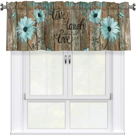 Rustic Daisy Flower Window Treatment Valances 54"x18" Vintage Teal Sunflowers Wood Board Rod Pocket Kitchen Valance 1 Panel Live Laugh Love Curtain Valance for Bathroom Living Room