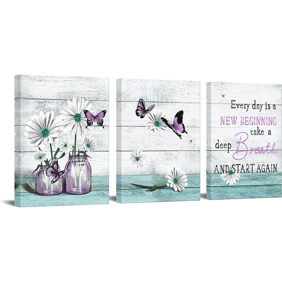 Rustic Daisy Flowers and Butterflies Wall Art for Farmhouse Inspirational Quotes Art Pictures Canvas Prints Vintage Teal Blue Theme Floral Paintings Framed for Bedroom Kitchen Decor