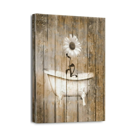Rustic Daisy Flowers in White Bathtub (2) Wall Art Bathroom Pictures Wall Decor Canvas Painting Prints Artwork for Bathroom Office Bedroom 12"x16"