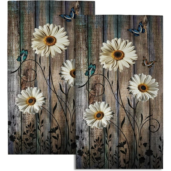 Rustic Daisy Hand Towels Grey Floral Guest Towel Set of 2 Kitchen Dish Towels Soft Absorbent Decorative Bath Towel for Face Gym Spa