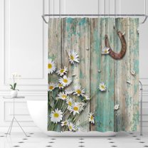 Rustic Daisy Horseshoe Shower Curtain Farmhouse Country American Western Daisy Teal Brown Barn Wood Spring Country Botanical Fabric Bathroom Curtains Decor Set with Hook(72" WX72 H)