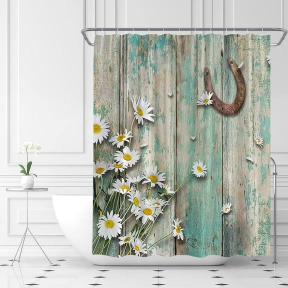 Rustic Daisy Horseshoe Shower Curtain Farmhouse Country American Western Daisy Teal Brown Barn Wood Spring Country Botanical Fabric Bathroom Curtains Decor Set with Hook(72" WX72 H)
