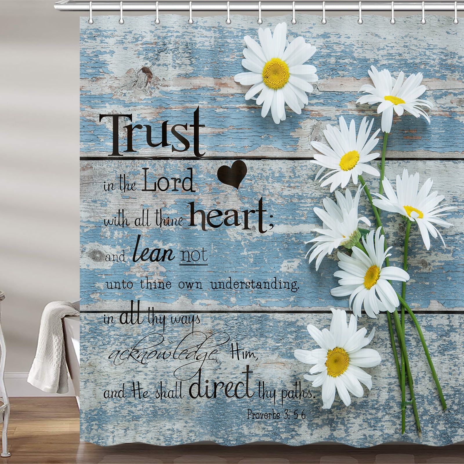 Rustic Daisy Inspirational Shower Curtain, Farmhouse Bible Verse