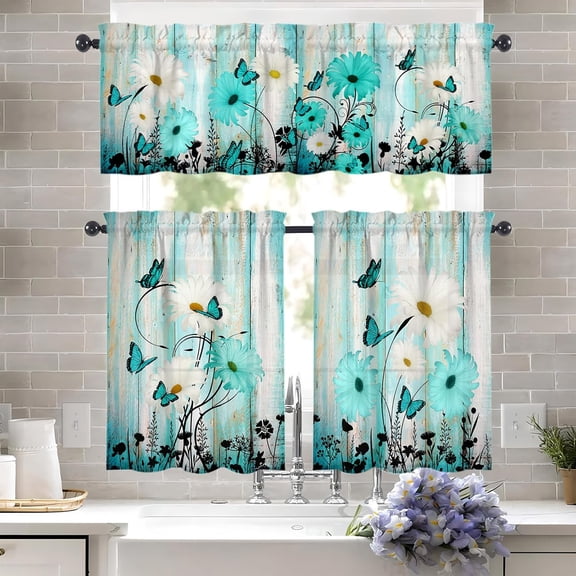 Rustic Daisy Kitchen Curtains and Valances Set - 3 Piece Kitchen Curtains 36 Inch Length Sets with Valance for Windows Butterfly Daisy American Country Farm