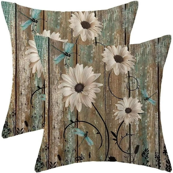 Rustic Daisy Pillow Covers 18 X 18 Inch Set of 2, Vintage Teal Dragonfly Daisy Floral Wooden Board Decorative Throw Pillow Covers Farmhouse Spring Flower Outdoor Pillows for Couch Home Sofa