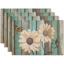 Rustic Daisy Placemats Set of 4- Teal Sunflowers on Vintage Wood Board Linen Place Mat- Farmhouse Wooden Non Slip Heat Resistant Table Mats for Dining Kitchen Cabin Lodge Decor