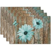 Rustic Daisy Placemats Set of 4- Teal Sunflowers on Vintage Wood Board Linen Place Mat- Farmhouse Wooden Non Slip Heat Resistant Table Mats for Dining Kitchen Cabin Lodge Decor