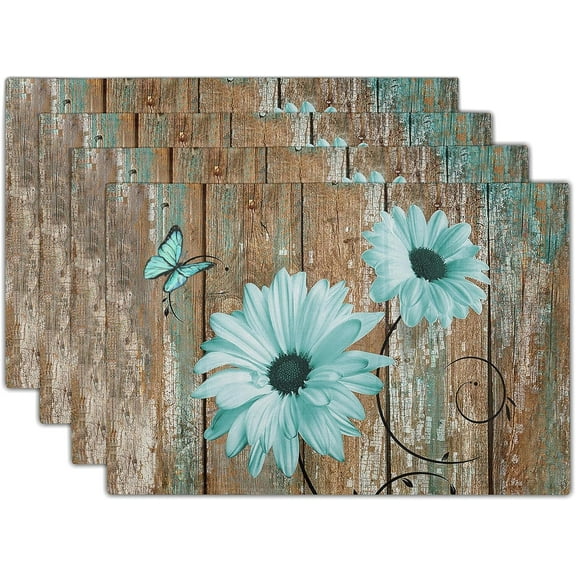 Rustic Daisy Placemats Set of 4- Teal Sunflowers on Vintage Wood Board Linen Place Mat- Farmhouse Wooden Non Slip Heat Resistant Table Mats for Dining Kitchen Cabin Lodge Decor