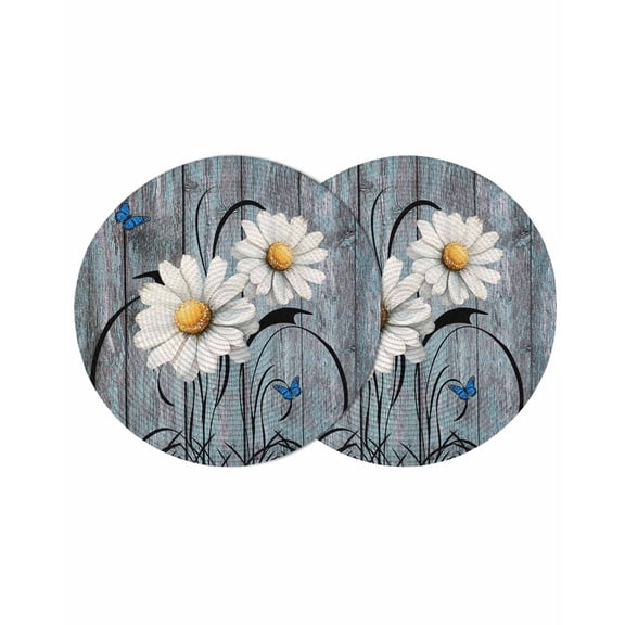 Rustic Daisy Round Table Placemats set of 2, Turquise Wood Textured Washable Woven Place Mats for Dining Tables Kitchen Party Decor,Heat Proof, 13in,