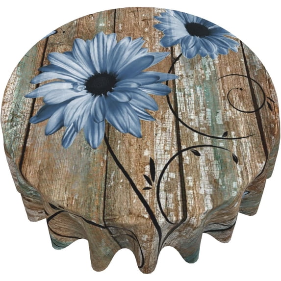Rustic Daisy Round Tablecloth 60 Inch Vintage Blue Sunflowers Wooden Board Circle Table Cover Shabby Chic Flower Barnwood Table Cloth Washable for Dining Kitchen Parties Farmhouse Decor