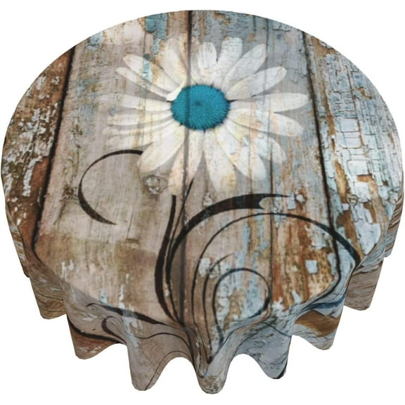 Rustic Daisy Round Tablecloth 60" Vintage Flower on Wood Grain Board Circle Table Cloth Cabin Country Style Table Cover Heat Resistant for Kitchen Dining Indoor Outdoor Farmhouse Decor