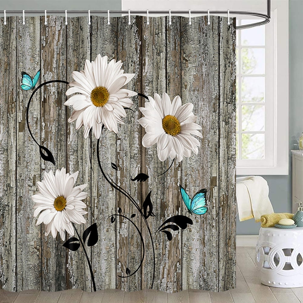 Rustic Daisy Shower Curtain Set Daisy Floral Butterfly Daisy American