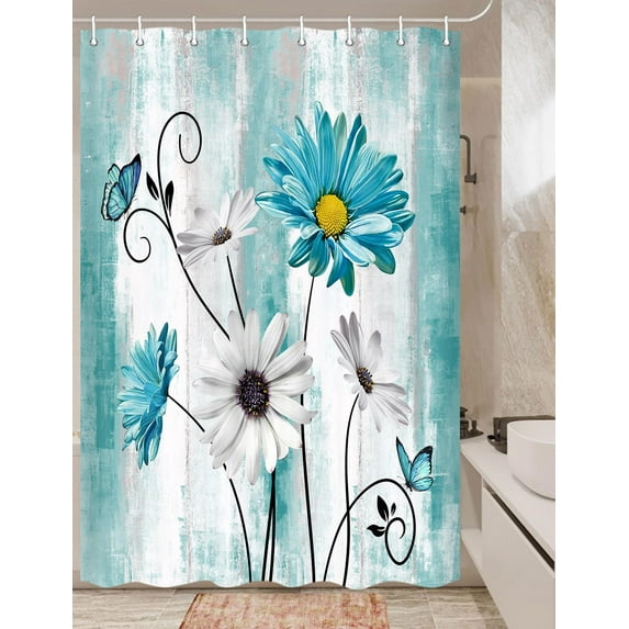 Rustic Daisy Shower Curtain Set Daisy Floral Butterfly Daisy Country Farm Style Shower Curtain Floral Shower Curtain for Travel Trailer Camping Theme Shower Curtain, Hooks Include 47x64 inch
