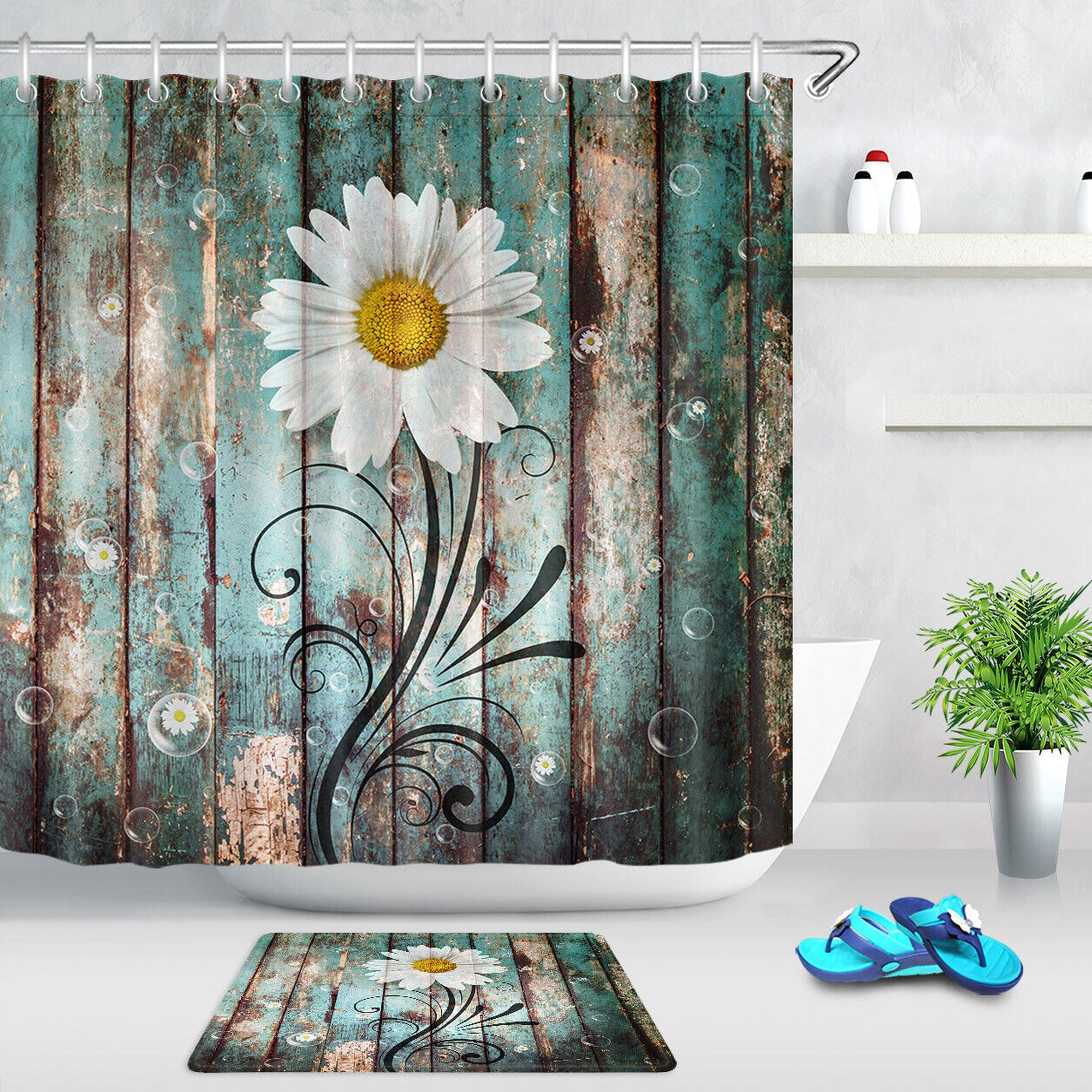 Rustic Daisy Shower Curtain Set for Charming Bathroom Decor Wood