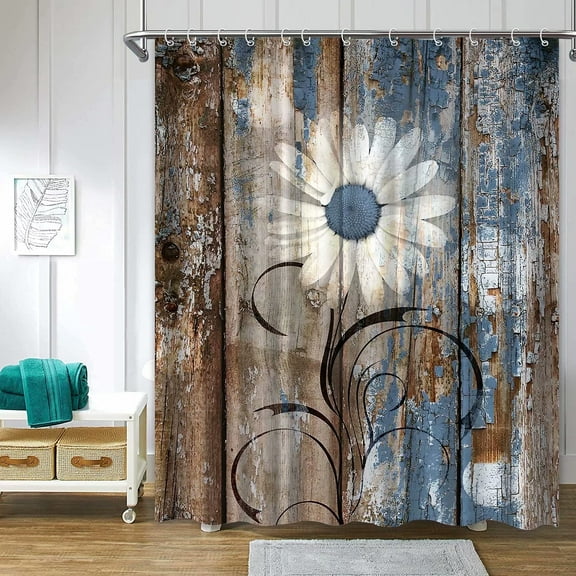 Rustic Daisy Shower Curtains, Blue Brown Floral Farmhouse Shower Curtains for Bathroom, Spring Country Botanical Bathroom Shower Curtain Sets Waterproof Fabric Decor