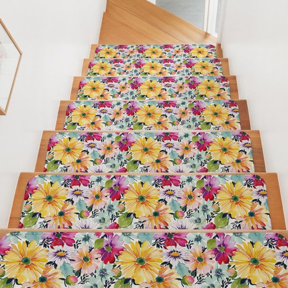 Rustic Daisy Stair Treads Non Slip for Steps Summer Hand-painted Style Yellow Flower Farmhouse 10 Pcs Reusable Adhesive Stair Runner Mats for Dogs Elders Carpet Treads Rugs for Staircase 8x30 In