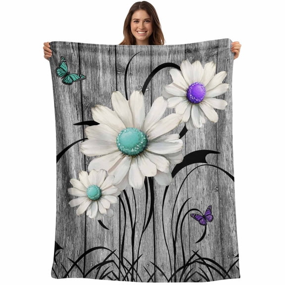Rustic Daisy Throw Blankets, Teal Flowers Grey Wood Textured Soft Fleece Blanket Decorative for Home Sofa Couch Chair Living Bedroom, 30x40 Inches,