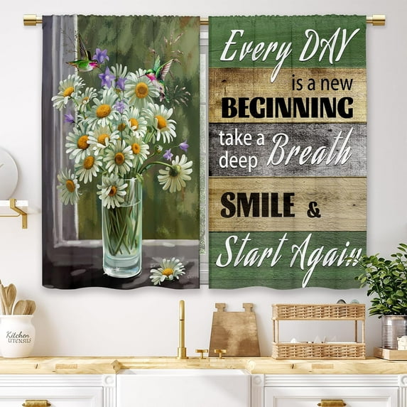 Rustic Daisy Vase Floral Kitchen Curtains Green Wooden Farmhouse Flower Small Short Cafe Window Curtains Jesus Country Inspirational Bathroom Window Treatment Tier Curtains (27.5x39 Inch)