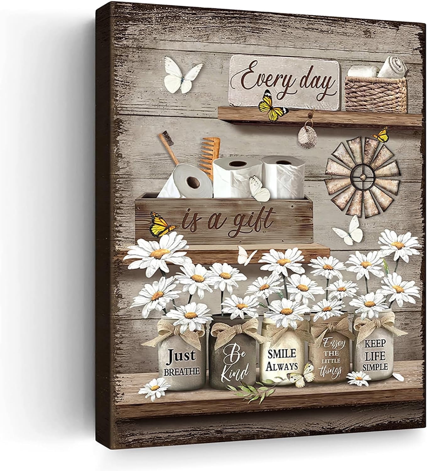 Rustic Daisy Wall Art Vintage Bathroom Canvas Print Bathroom Decor Flower Butterfly Painting Farmhouse Rustic Bathroom Picture Home Decor For Bathroom Bedroom Ready To Hang 12x16 Inch