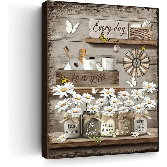 Rustic Daisy Wall Art Vintage Bathroom Canvas Print Bathroom Decor Flower Butterfly Painting Farmhouse Rustic Bathroom Picture Home Decor For Bathroom Bedroom Ready To Hang 12x16 Inch