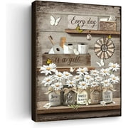 Rustic Daisy Wall Art Vintage Bathroom Canvas Print Bathroom Decor Flower Butterfly Painting Farmhouse Rustic Bathroom Picture Home Decor For Bathroom Bedroom Ready To Hang 12x16 Inch