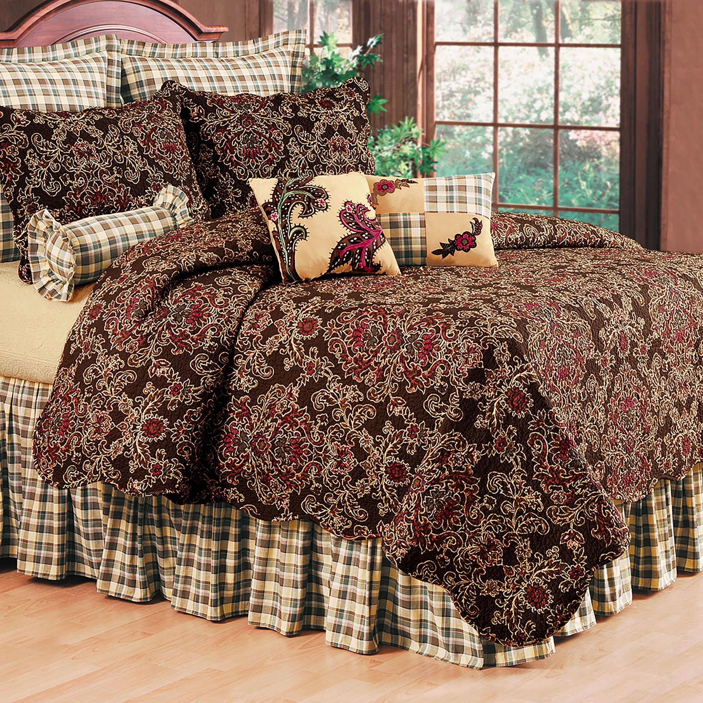 Rustic Brown Cotton Full/Queen Reversible Damask Quilt Set